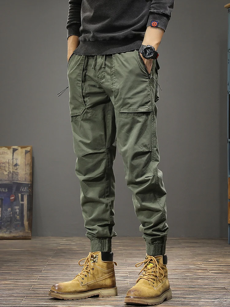 Casual Elastic Waist Pencil Pants Men Streetwear Green Cotton Stretch Slim Fit Drawstring Jogging Trousers