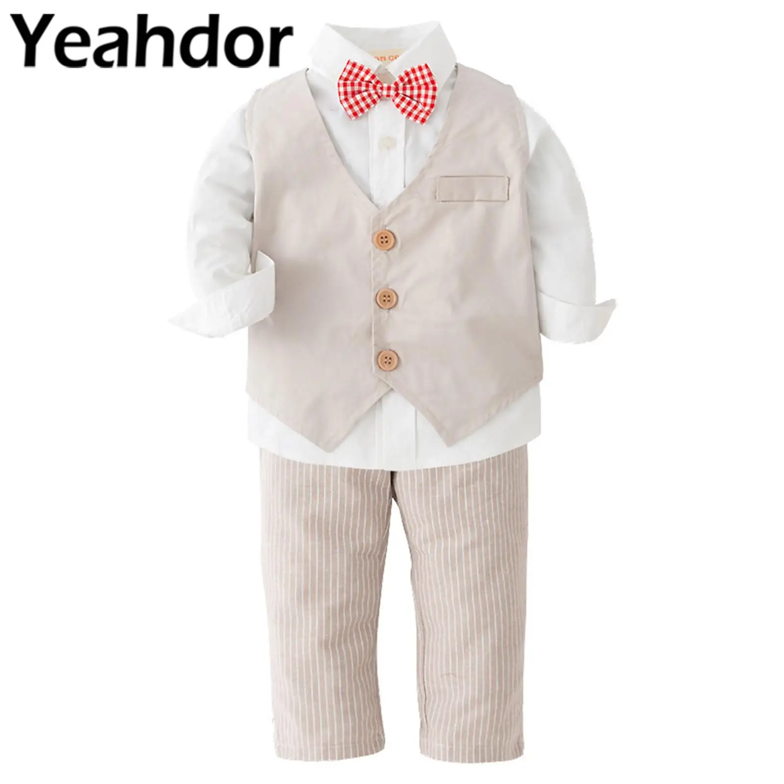 Kids Gentleman Outfit Boy's Wedding Suit Long Sleeve Shirt Vest And Striped Pants for Birthday Party Costumes Christening Gown