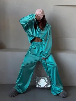 Women Satin Shiny Two Piece Set Long Sleeve Zipper Crop Coat High-waisted Drawstring Wide Leg Pants 2026 Spring Chic Casual Suit 1