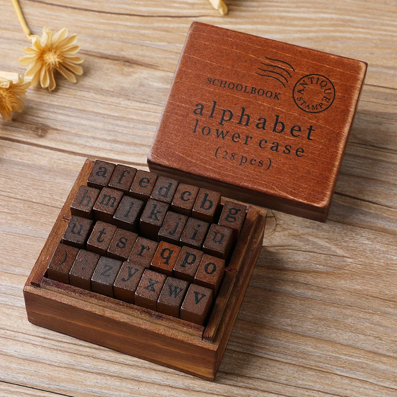 28pcsvintageWoodenStampSetwithboxLetterAlphabetSeal