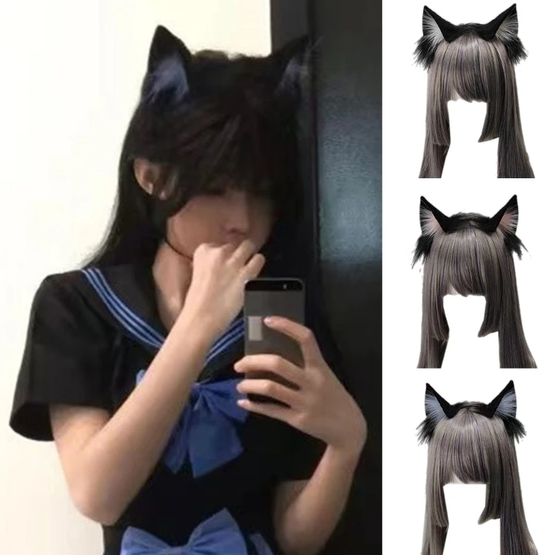 Pluszowa opaska z uszami kota realistyczne sztuczne futra obręcz do włosów na konwencje Cosplay Anime i sukienka nakrycia głowy