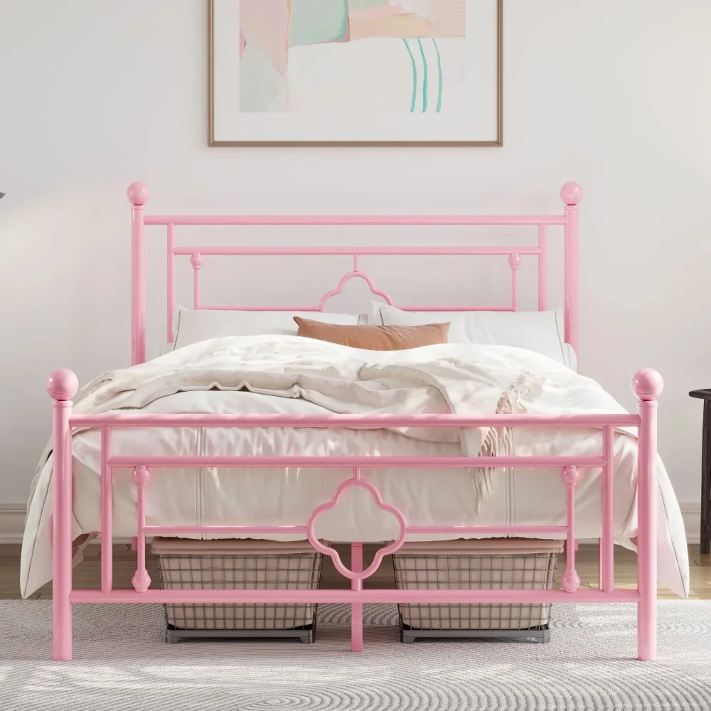 

Metal Platform Bed Frame with Victorian Vintage Headboard and Footboard, Pink