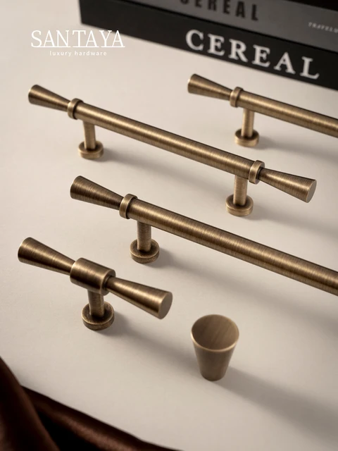 Santaya มือจับเฟอร์นิเจอร์ทองเหลืองโบราณ ลูกบิดลิ้นชักทองเหลืองวินเทจ มือจับตู้ครัวสีบรอนซ์ มือจับตู้ T-bar ทองเหลืองทองแดง 1