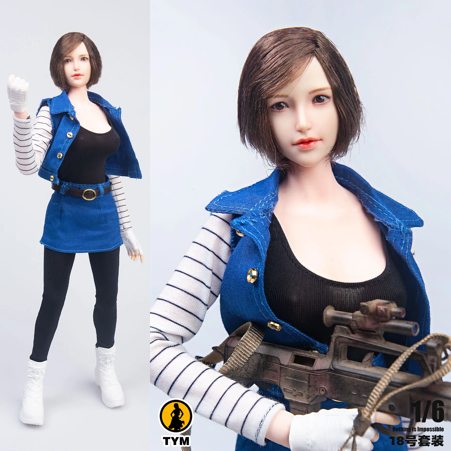 

TYM132 1/6 Android 18 Vest Skirt Shirt Clothes Set with Combat Shoes Hands Accessories Model Fit 12'' Female Action Figure Body