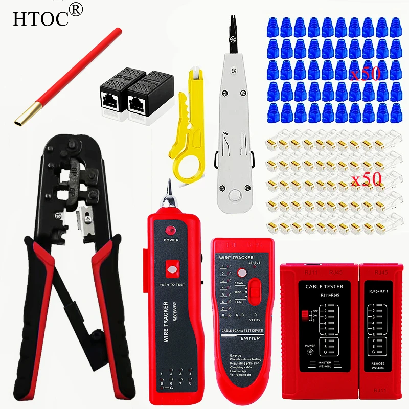 HTOC RJ45 Network Suit Crimp Tool Network Cable Loosener Wire Tacker Cable Tester 50PCS Connector And Cover(CAT5) 2PCS  Extender network wire tester
