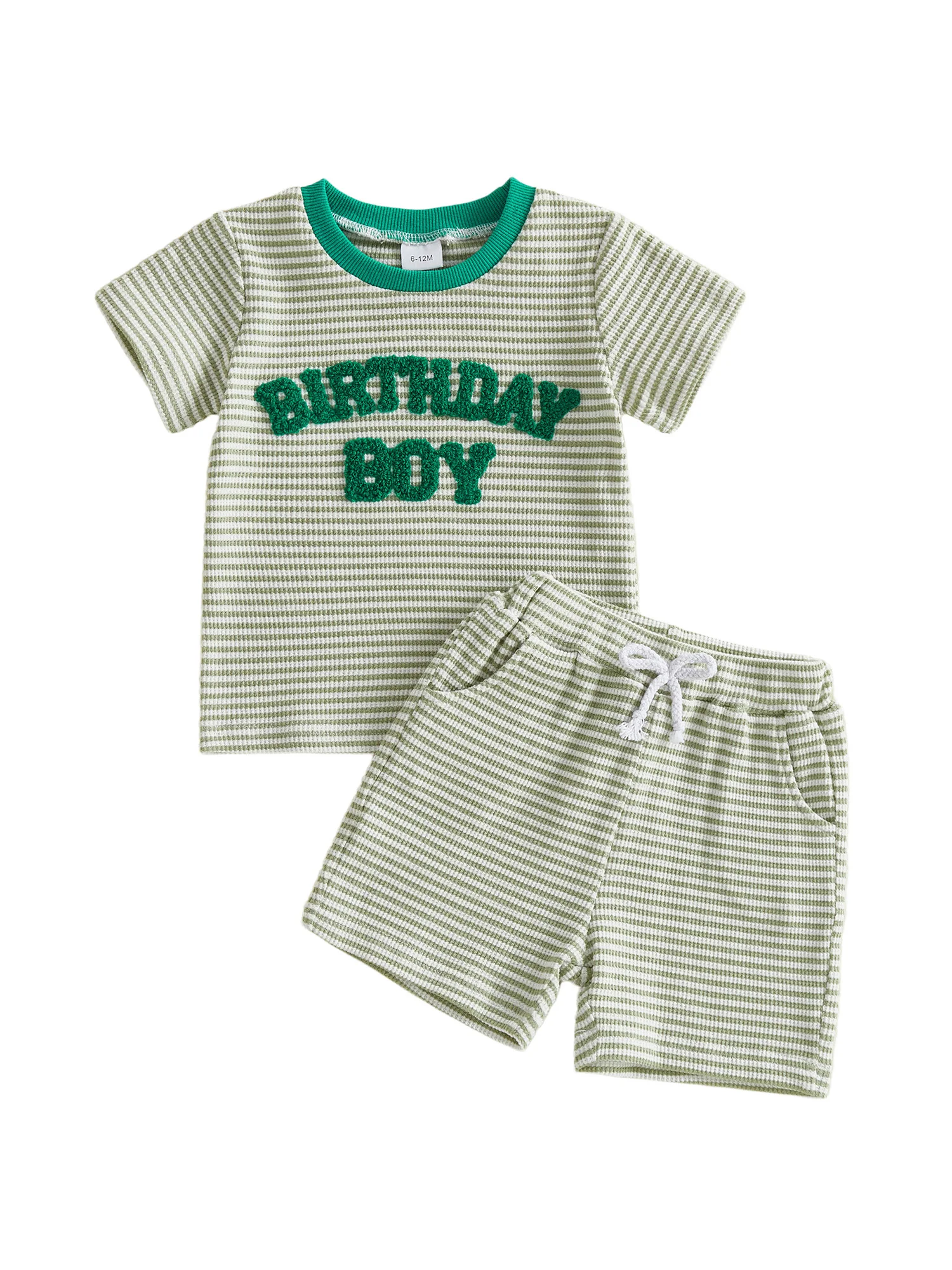 Cute Baby Boy Striped Set with Embroidered Letters Short Sleeve Tee and Elastic Waist Shorts for Summer Fun