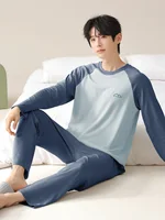 Vêtements de nuit pour hommes, 100% coton, manches longues, quatre saisons, grande taille, ensemble de costume de maison en pur coton pour adolescents pour la chaleur 3