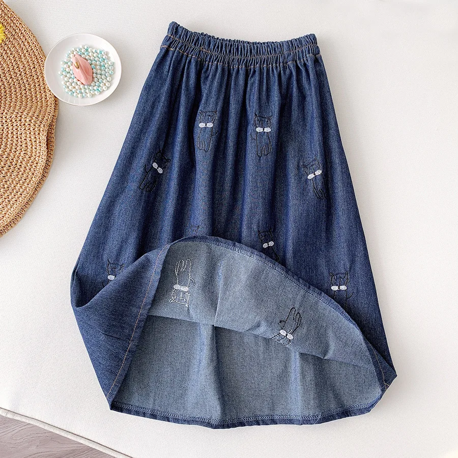 satin skirt PEONFLY  Japanese Style Cute Denim Skirt Women Kawaii Cat Embroidery Knee Length A Line High Waist Jeans Skirt Female Student red skirt