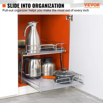 VEVOR Heavy Duty 2-Tier Slide-Out Cabinet Organizer, Chrome-Plated Steel Pantry Shelves with Roll-Out Drawers for Kitchen Storag 2