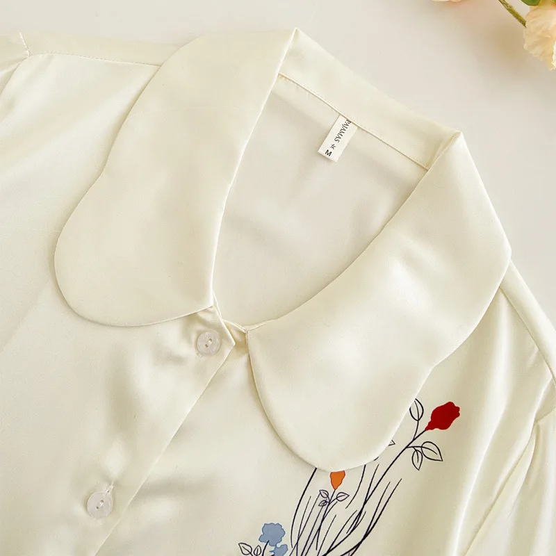 용수철 세트 레이디 잠옷, 긴팔 셔츠 및 바지, 새틴 바지 세트, 라펠 잠옷 라운지웨어, 여름 신상, 2 개