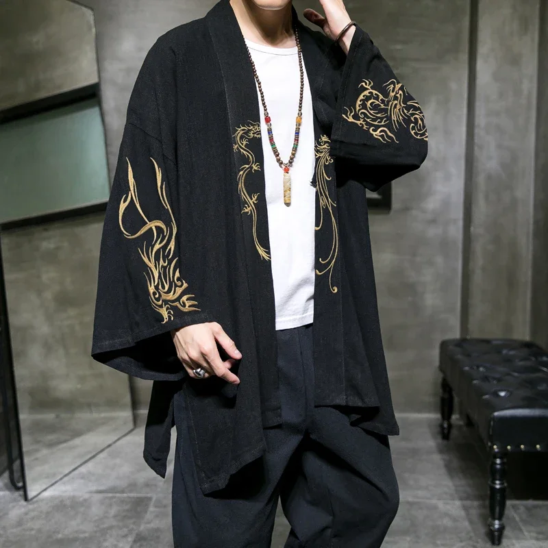 Embroidery Men's Trench Coat Cotton Hanfu Linen Chinese Style Robe Cardigan Jacket Casual Oversized Kimono 5XL Ancient Coat Male