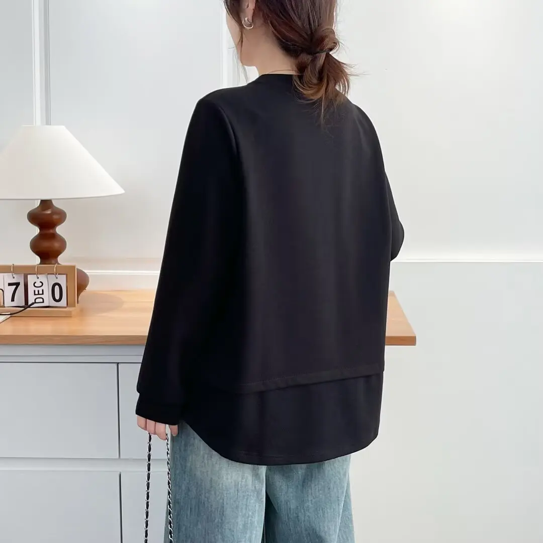 XXXXL Fashion Plus Size Women's Sweatshirts Autumn New Simple Casual Labeled Fake 2 Pieces Long Sleeved Top 633