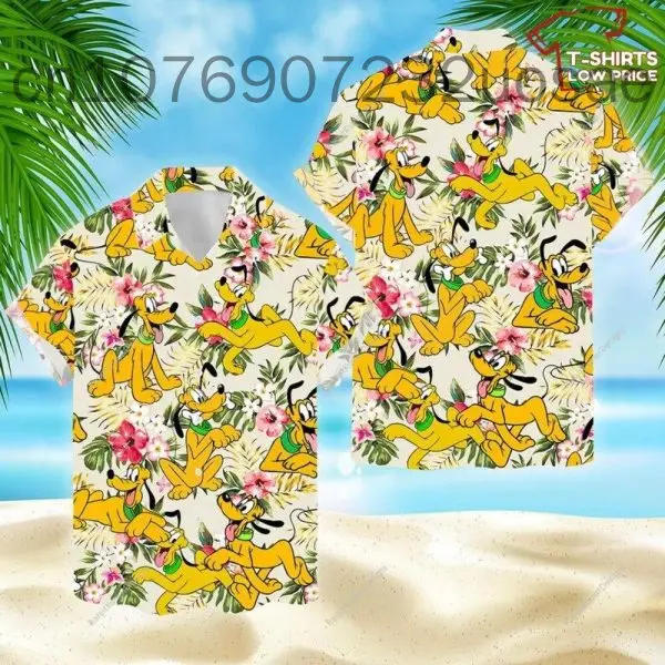 Pluto Dog Orange Green Strips Summer Tropical Disney Camicia Hawaiana