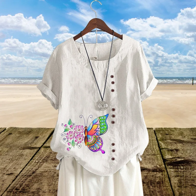 

Fashion Summer Women's New O Neck Flower Butterfly Print Short Sleeve Top Loose Linen Plus Size T Shirt Casual Shirt XS-5XL