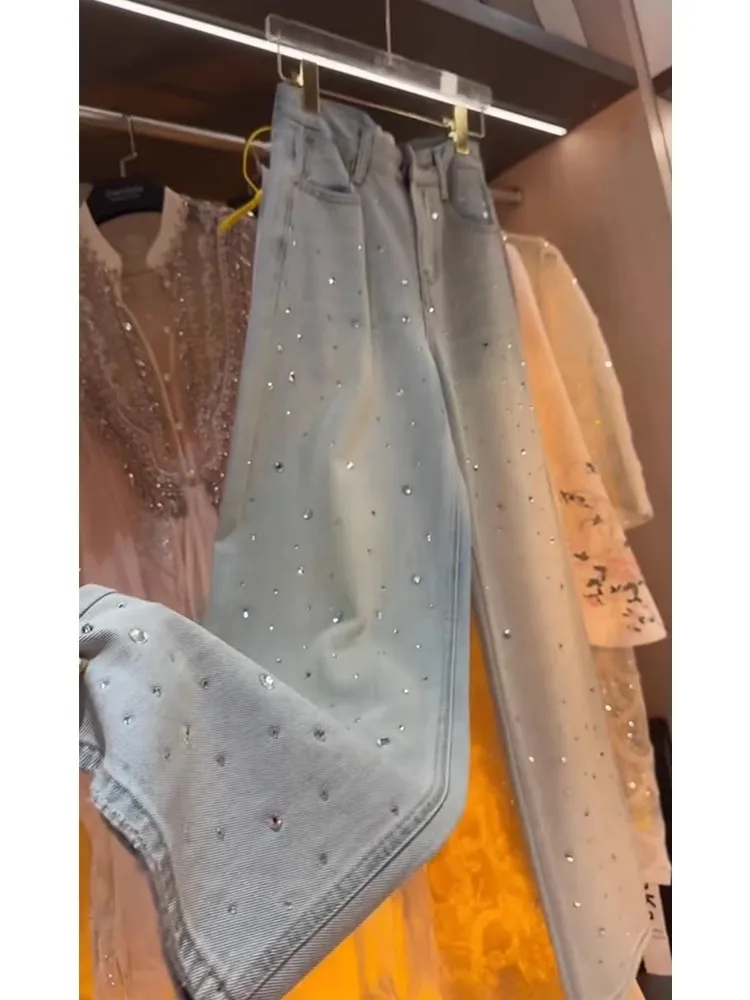 2025 Light-colored Diamond-encrusted High-waisted Loose and Thin Wide-leg Straight-leg Jeans Women's Mopping Long Pants 1