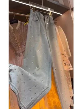 2025 Light-colored Diamond-encrusted High-waisted Loose and Thin Wide-leg Straight-leg Jeans Women's Mopping Long Pants 1