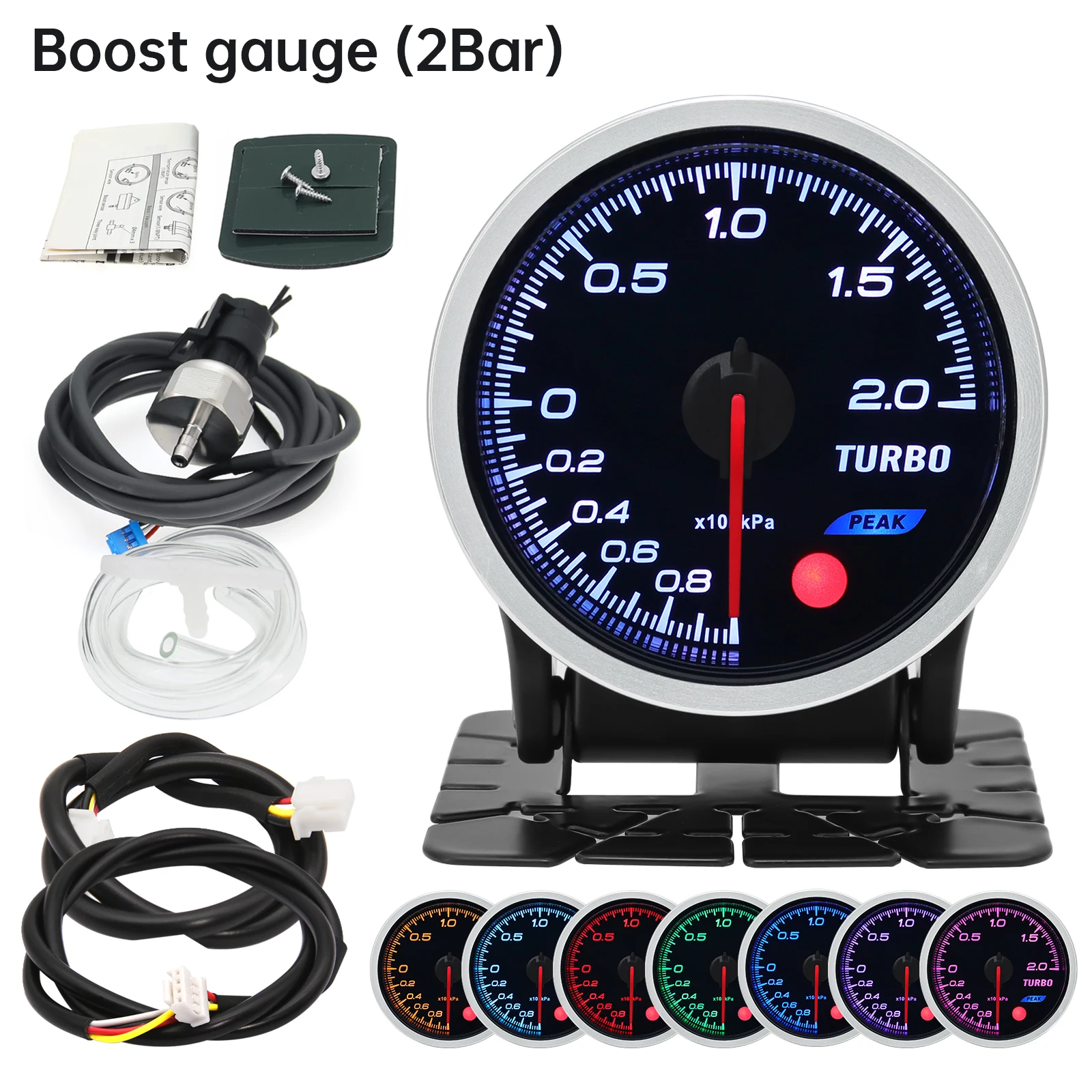 8-Color Backlit Universal Turbo Pressure Gauge - Fuel, Oil, Temp Reading, 52mm, 12V