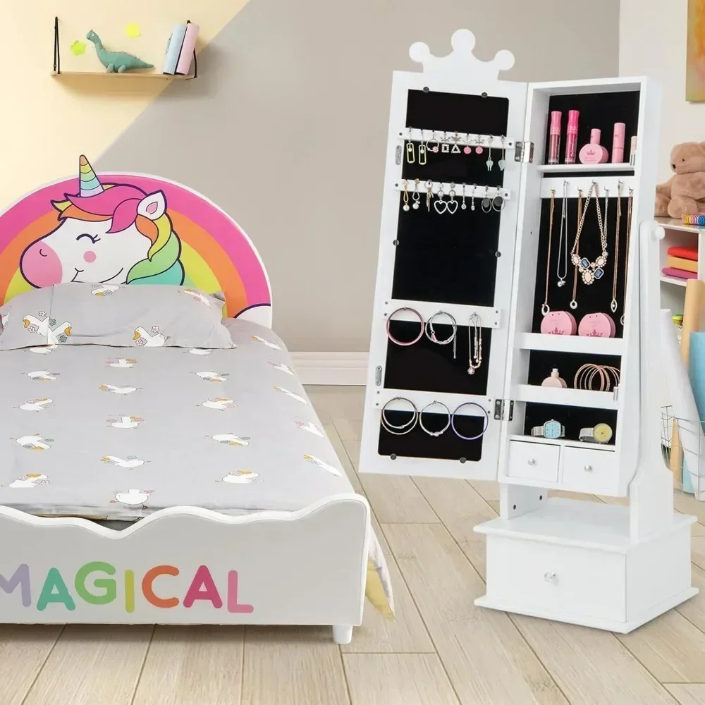 Kids Jewelry Armoire Cabinet, 2-Angle Tilting Wooden Standing Jewelry Organizer with Full-length Mirror and Storage Drawers 5
