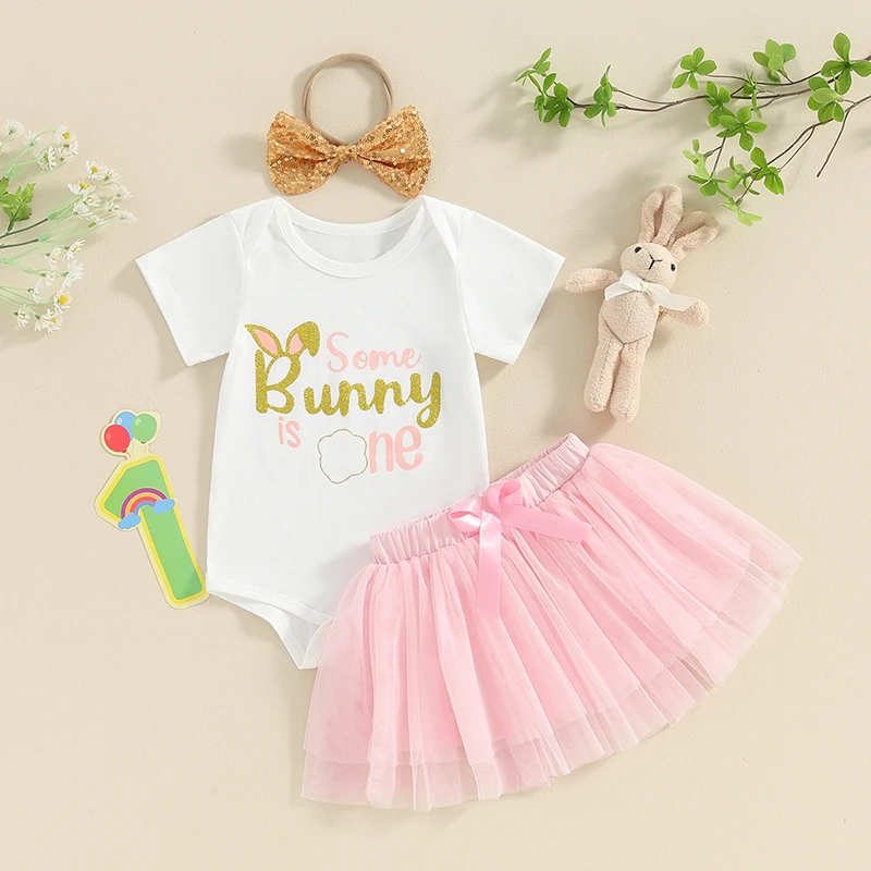 

Birthday Outfit Baby Girls Easter Romper Letter Print Short Sleeve Bodysuit Mesh Tutu Tulle Skirt Headbands Set