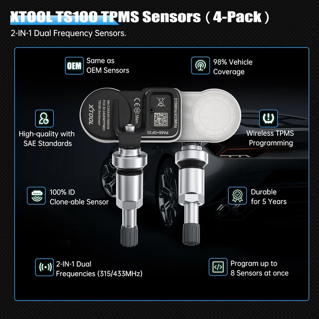 XTOOL TS100 Sensor 2 in 1 315MHz 433MHz TPMS Sensor Tire Repair Tools TPMS Scanner Pressure Monitor Tester Work on TP150 IP819TP 2