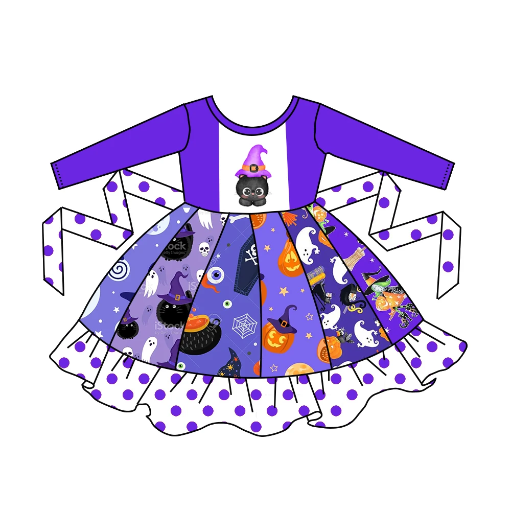 

Wholesale kids pumpkin Halloween clothing girls dresses long sleeve ghost cartoon witch cat print girls twirl dresses