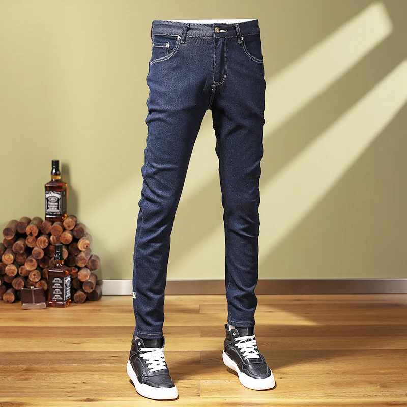 Street Fashion Men Jeans Vintage Dark Blue Elastic Stretch Slim Fit Embroidery Designer Jeans Men Hip Hop Raw Denim Pants Hombre