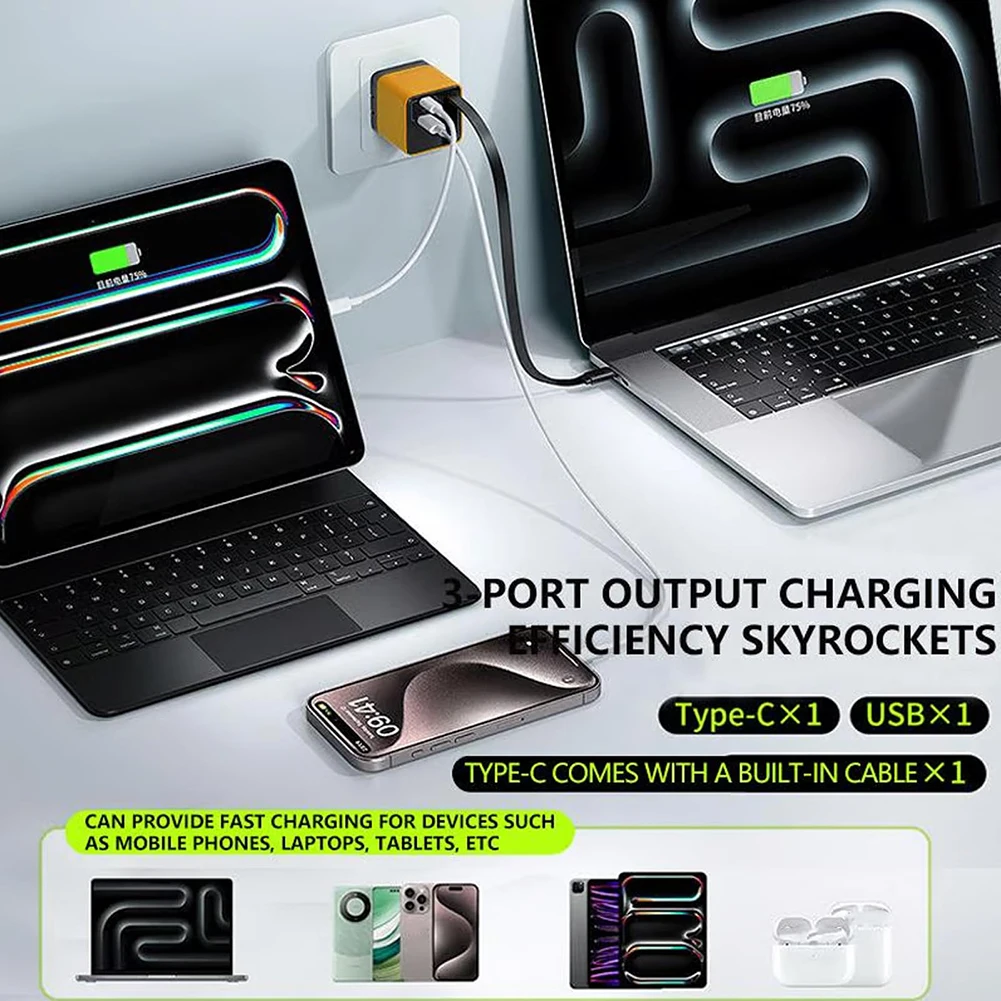 3 in 1 Fast Charger Block GaN Charger Retractable Phone Wall Plug GaN Phone Charger with Type-C Cable and 2 USB Ports for Phone