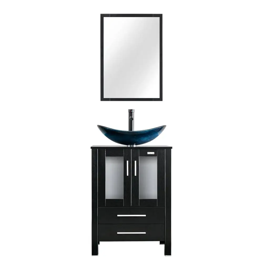 Modern 24" Black Bathroom Vanity Sink Combo with Blue Boat Glass Vessel Sink & Water Save Faucet & Storage Space & Easy Assembly 2