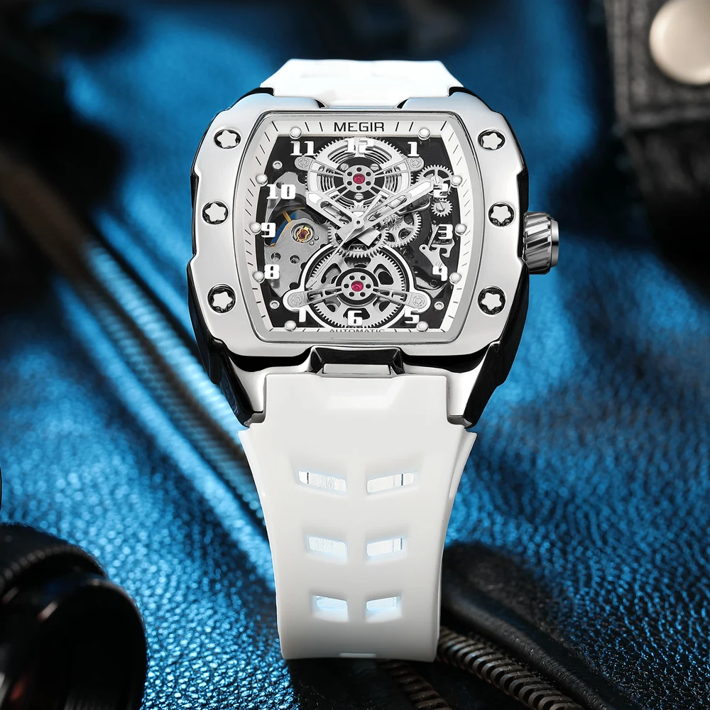 MEGIR Blue Automatic Mechanical Watch for Men Fashion Casual Sport Waterproof Wristwatch Male with Silicone Strap Tonneau Dial - 5