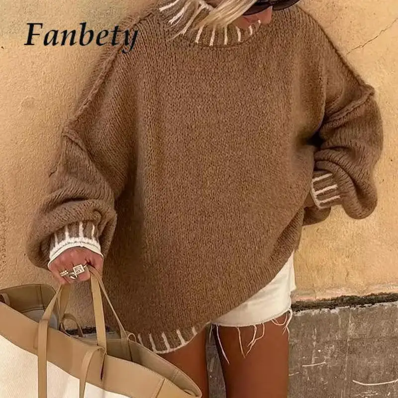 

Sexy Off Half Collar Jumper Pullovers Vintage Winter Long Sleeve Contract Color Knitwear Lady Elegant Knit Top OL Stlye Sweater