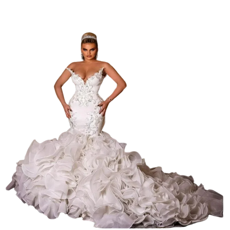 

Sexy Sweetheart Appliques Beadin Mermaid Luxury Wedding Dress 2023 Vestidos De Novia Backless Tiered Layers Ruffles Bridal Gowns