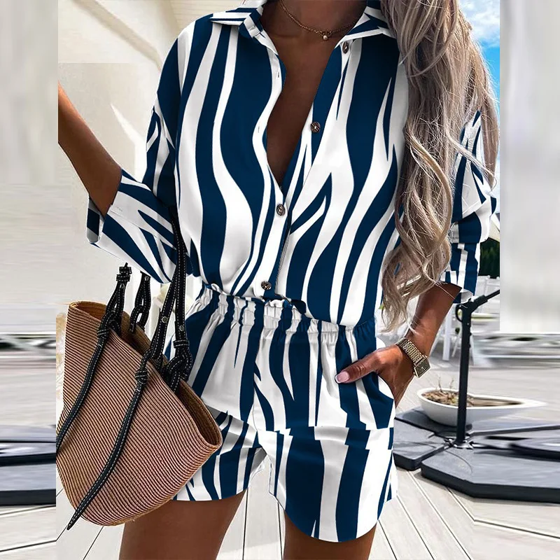 Fashion Print Two Piece Sets Women 2022 Spring Summer Turn Down Collar Shirt Top Short Pant Suit Lady Casual Long Sleeve Outfit coord sets women