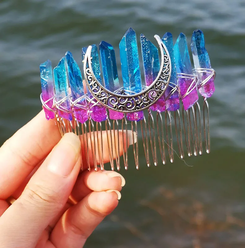 Wicca Raw Natural Crystal Comb Moon Mermaid  Rainbow Tiaras Hair Comb Witchcraft Jewelry Accessories Bridal Party Decoration Gif