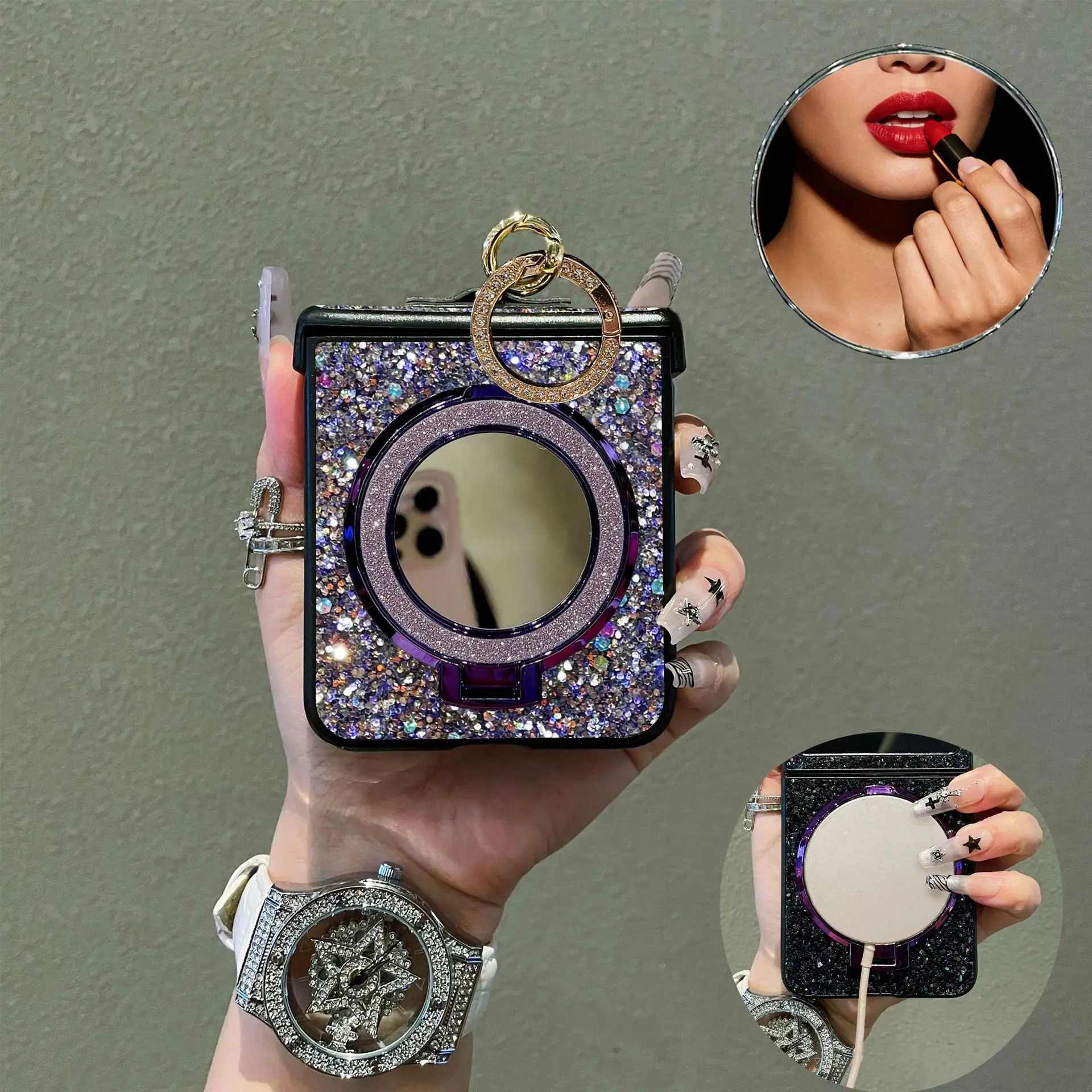 Korean Style Shiny Magnetic Mirror Phone Case with Faux Diamond Ring Buckle