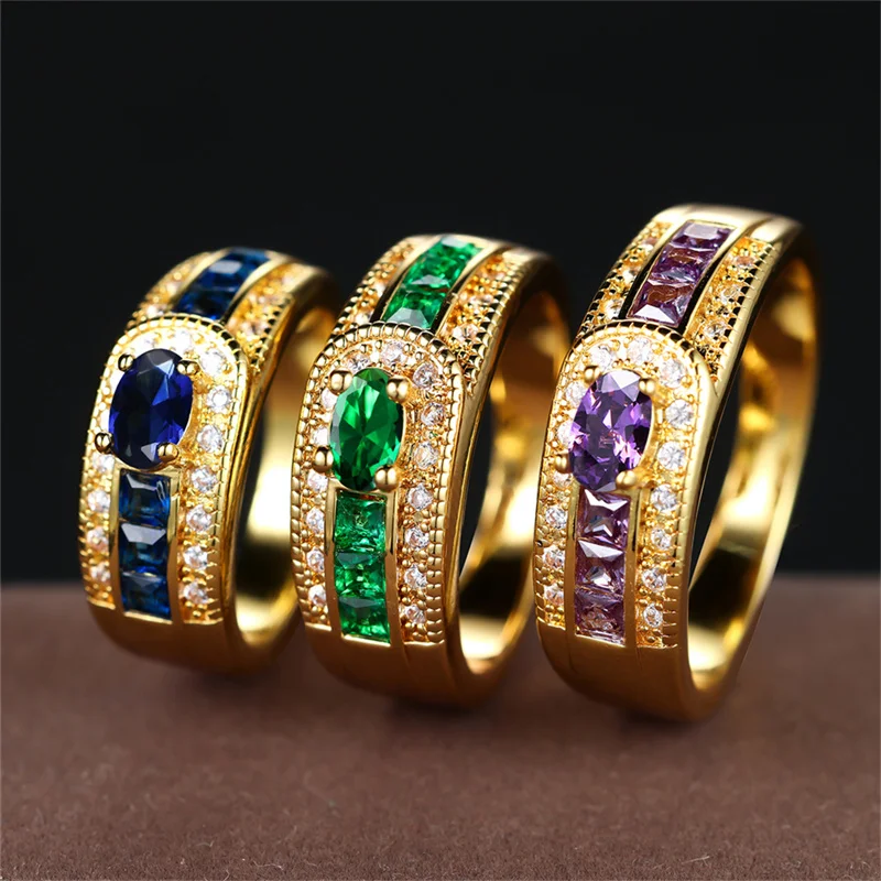 Green Zircon Engagement Ring Blue Purple Crystal Oval Stone Rings For Women Men Vintage Gold Color Wedding Bands Fashion Jewelry