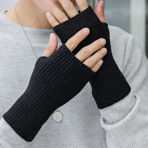 2022 Winter Half Finger Gloves Warm Elastic Knitted Wool Glove Unisex Solid Stretch Mittens Exposed Finger Short Cashmere Mitten