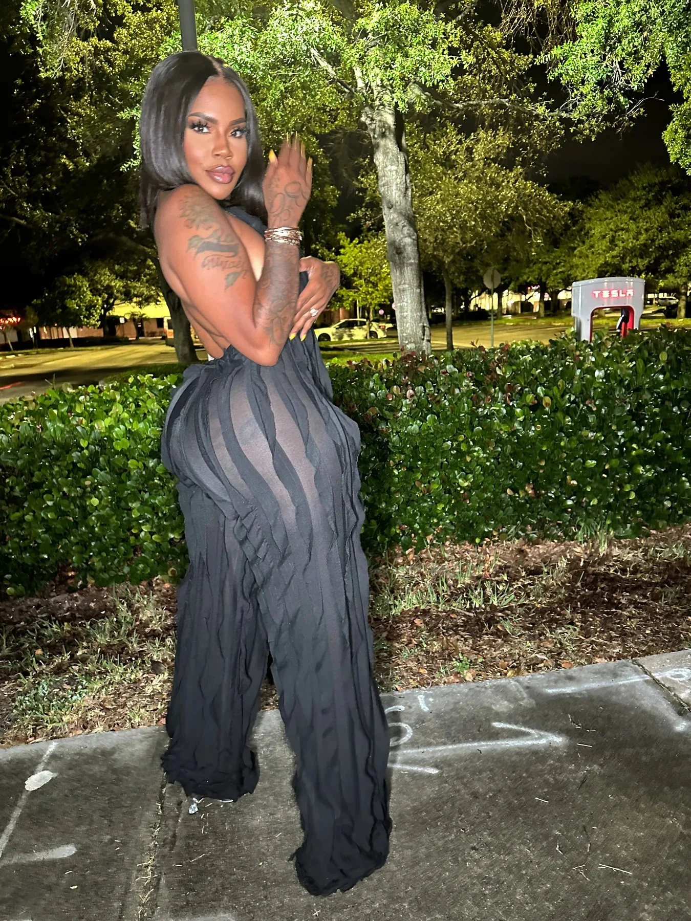 Women's Sheer Mesh Ruffles Halter Deep V-neck Sleeveless Wave Jumpsuits Wide Leg Rompers 2023 Playsuit Sexy Party Clubwear