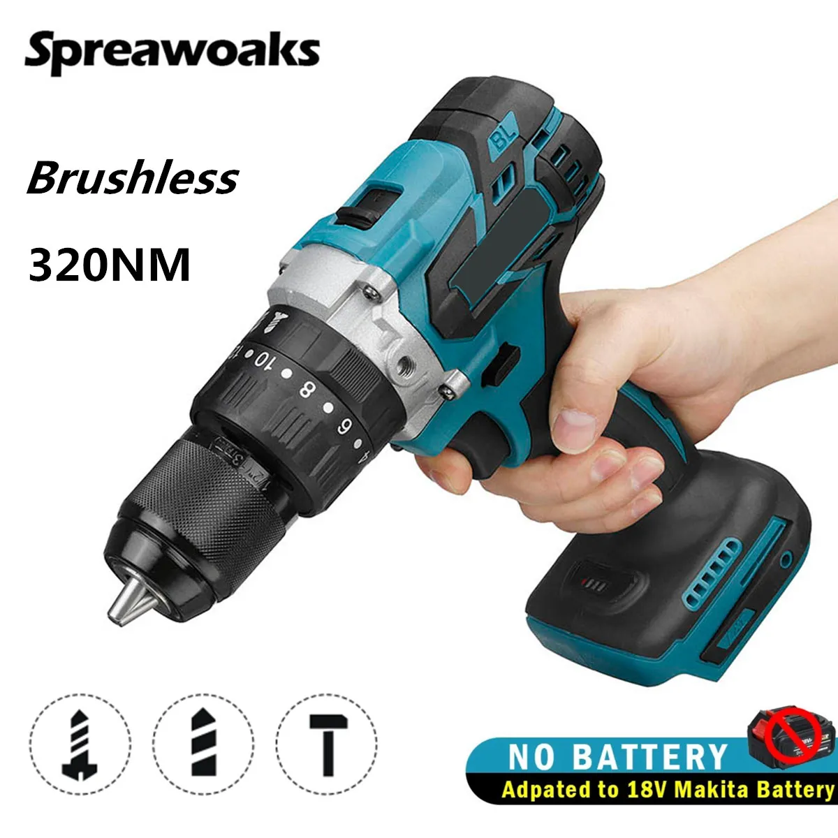 

320NM Brushless Impact Drill Cordless Hammer Drill Electric Screwdriver Power Tools 3 in 1 1/2" 20+3 Torque For Makita Battery 1