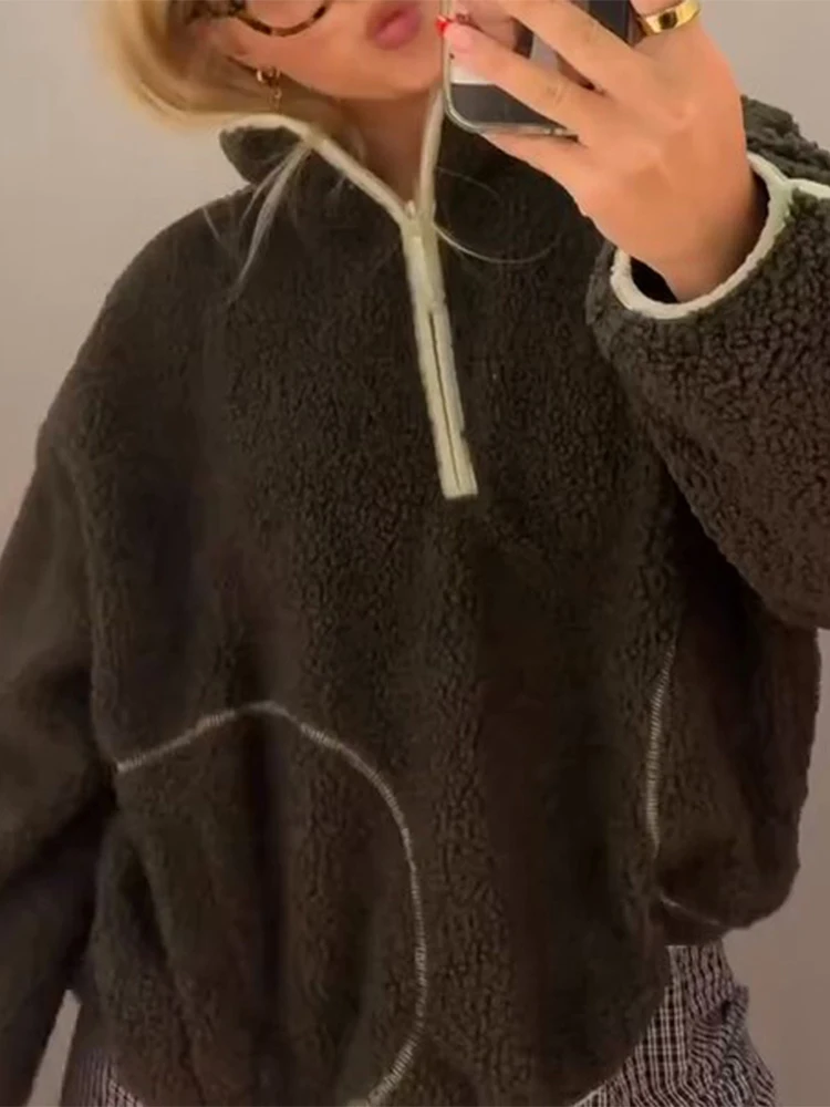 Getäfelter Sherpa-Hoodie mit halbem Reißverschluss, Damenmode, Umlegekragen, lange Ärmel, übergroße Bombermäntel, frühes Frühjahr, neue Oberbekleidung – Detail 1
