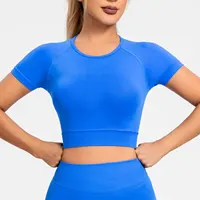 NCLAGEN femmes haut de sport à manches courtes sans couture sport t-shirt actif Fitness débardeur haut court entraînement Yoga Blouse élastique course t-shirt 2