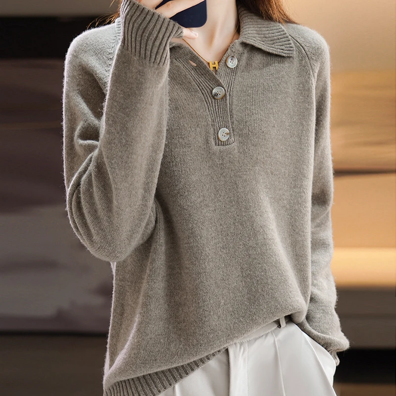 

Autumn And Winter New Cashmere Sweater Ladies POLO Collar Pullover Solid Color 100% Pure Wool Knitted Loose Fashion Inner Top