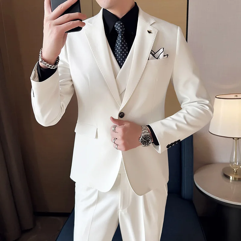

New high-end solid color (suit + vest + western pants) fashion trend slim-fit business casual suit groom dress three-piece set