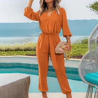 Y.KUKU 2024 Long Sleeve Jumpsuits For Women New Brand Autumn Solid Tie Waist V-neck Business Office One Pieces Overalls Female - Image 6