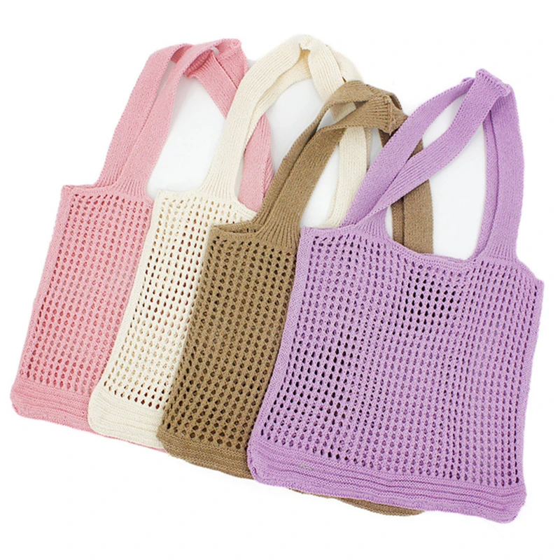 Oversized Female Crochet Hollow Out Eyelet Tote Bag Casual Granny Knitted Woven Big Size Portable Reusable Purple Shopping Bag