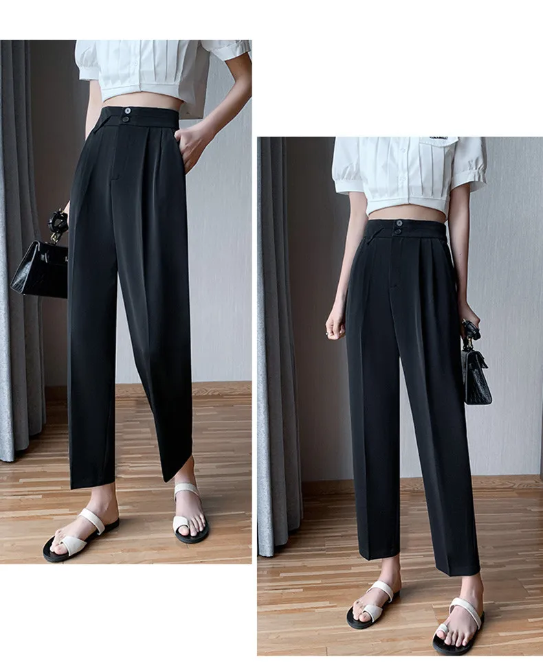 Scf1e1c386006475084a79b91ddbe2762Y - Summer High Waist Buttons Ankle-Length Solid Suit Pants