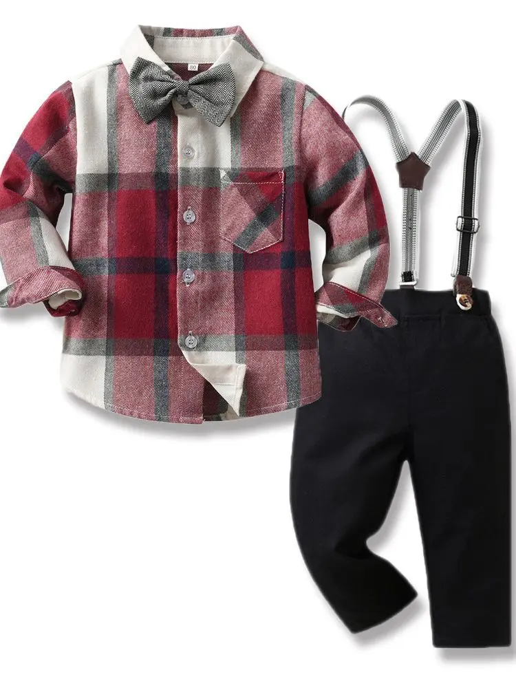 

Top and Top Toddler Kids Boys Gentleman Clothing Sets Long Sleeve Plaid Bowtie Shirts+Suspenders Pants Outfits for Christmas