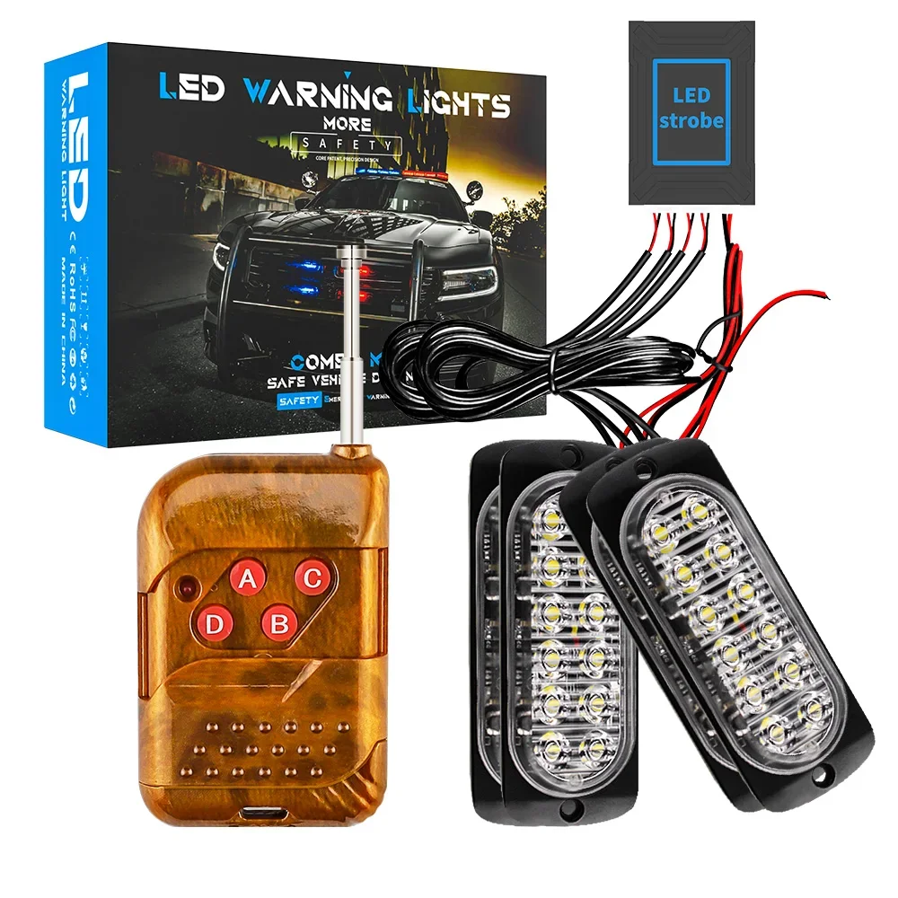 

4X 12 LED Kit Wireless Remote Control Car Front Grille Strobe Light Flashing Emergency Lamp Police Warning Flash Signal 12V 24V