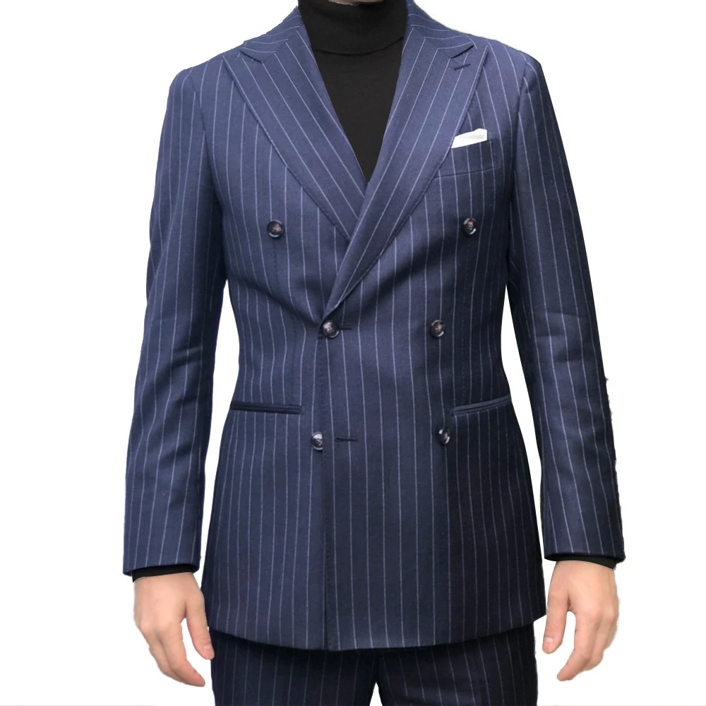 Summer Tailored Suits Luxury 100% Wool Super 120 Pure Wool Suits Tailor Made Navy Chalk Stripe Suit Made