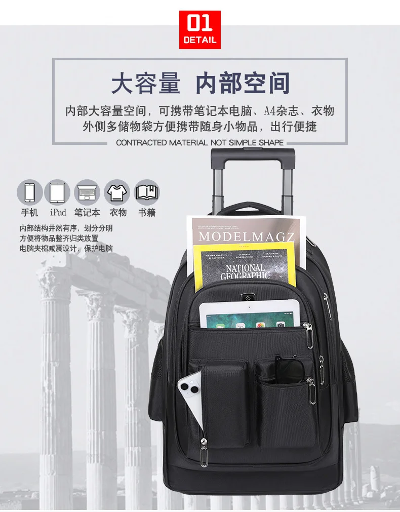 Tragbarer Outdoor-Rollrucksack für Erwachsene, Reise-Laptop-Tablet-Tasche mit Rädern, Gepäck für Geschäftsreisen, College-Reisetaschen – Detail 7