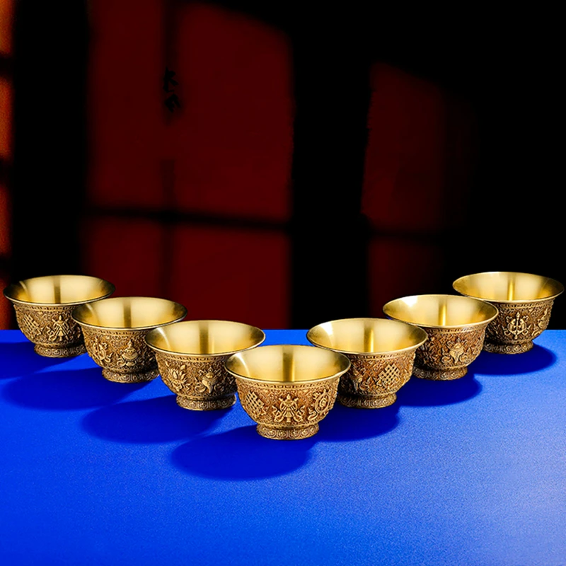 Pure Copper Water Supply Cup for Offering Buddha, Tantric Eight Auspicious Symbol Buddhist Decor Water Bowl, Buddhist Supplies 6
